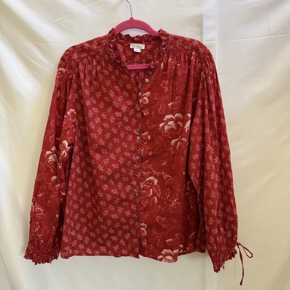 Sundance Blouse Red L Floral Ruffle Neck Cotton Boho Peasant Top Prairie